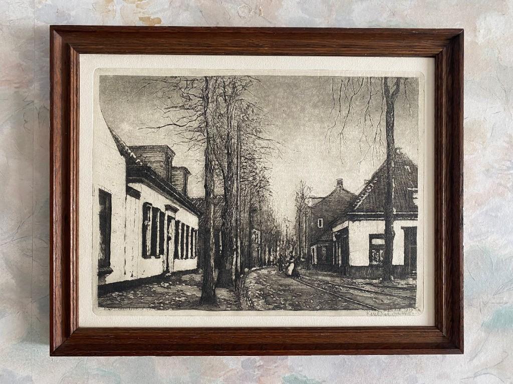 Ets  ,  Dorpstraat  Lisse  ca   1900, Antiek en Kunst, Ophalen of Verzenden, Stadsgezicht, Ets