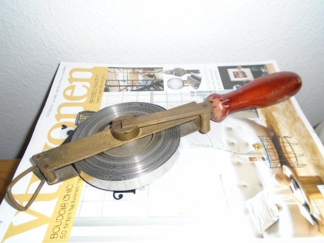 Oud rvs landmeters meetlint haspel, 25m rolmaat, gereedschap, Ophalen of Verzenden