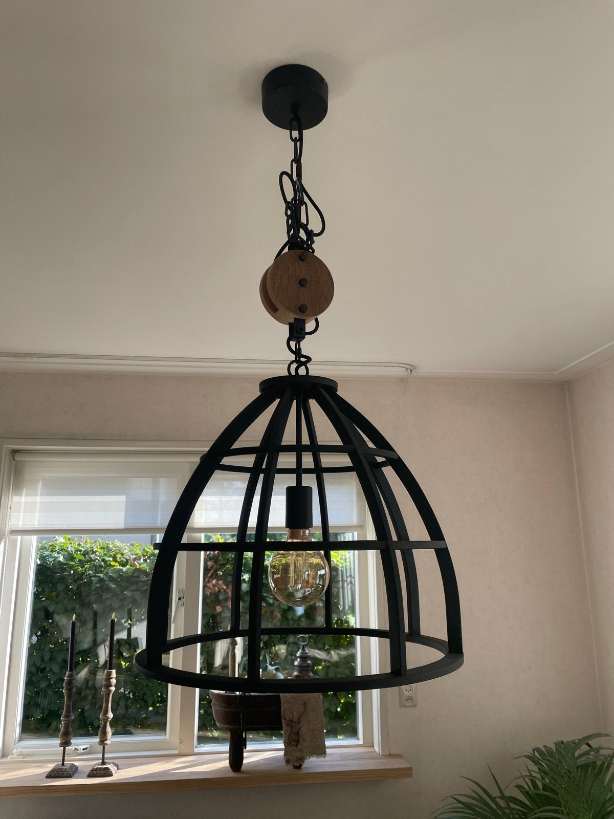 Zwarte Landelijke Hanglamp met Katrol en Edison Lamp, Huis en Inrichting, Ophalen of Verzenden, Zo goed als nieuw, Metaal, E27 (groot)
