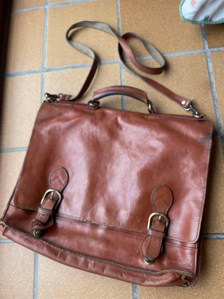 Vintage retro cognac leren aktetas laptoptas schooltas tas, Gebruikt, Bruin, Aktetas of Boekentas, Leer