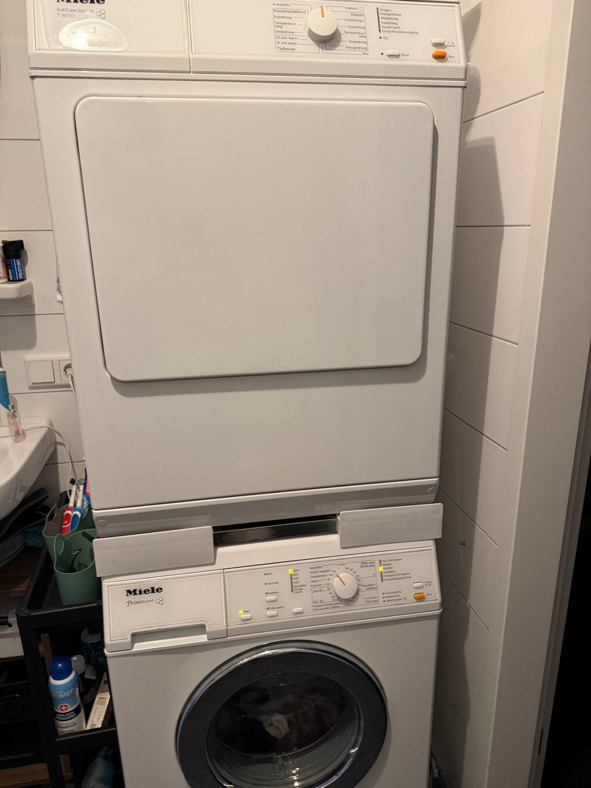 Miele Wasmachine en Droger Set - Primavera & SoftCare System, 6 tot 8 kg, Ophalen, Gebruikt, 85 tot 90 cm