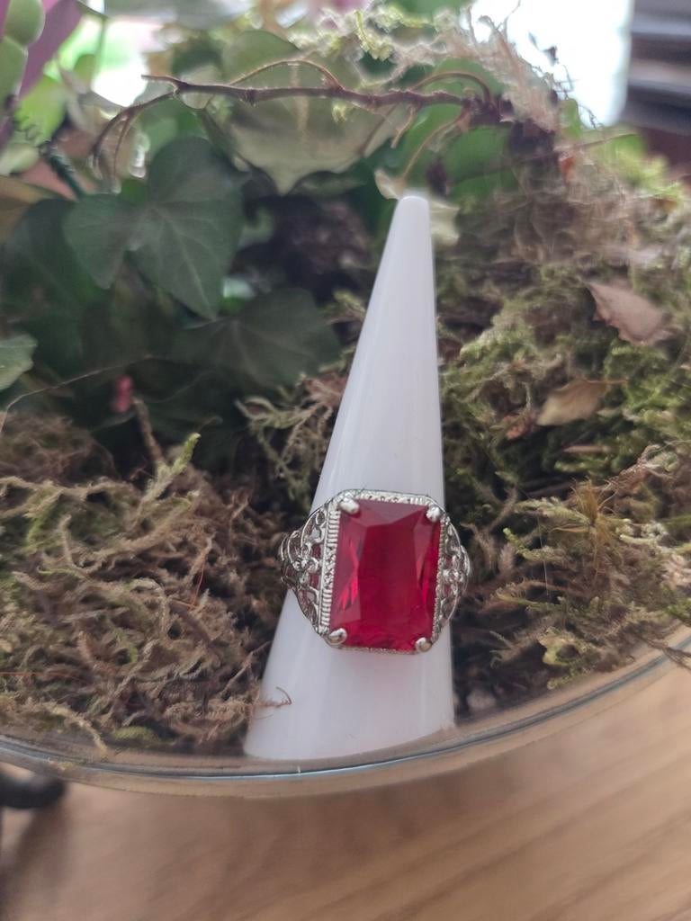 Zilveren ring maat 7 met rode steen, Sieraden, Tassen en Uiterlijk, Ringen, Gebruikt, Ophalen of Verzenden, 17 tot 18, Met edelsteen