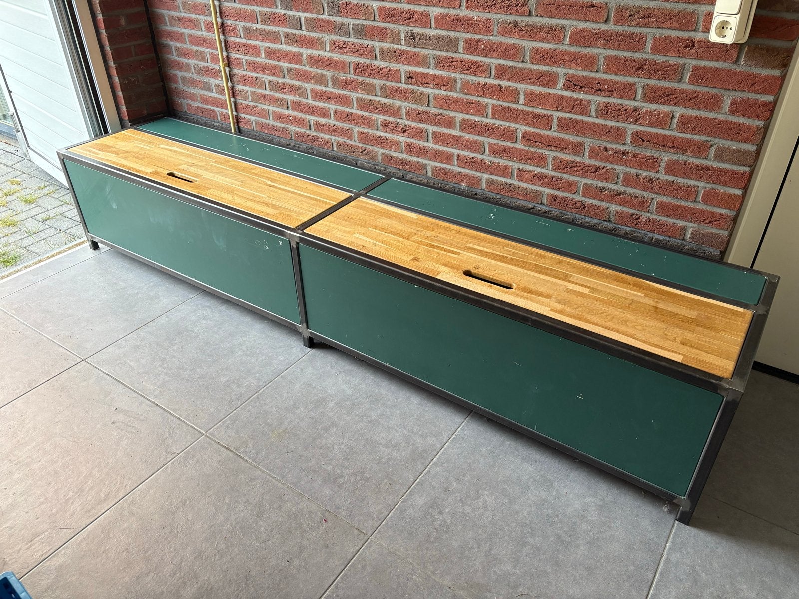 Opbergbank met houten deksel - Groen en Hout, Ophalen, Gebruikt, 200 cm of meer, Metaal
