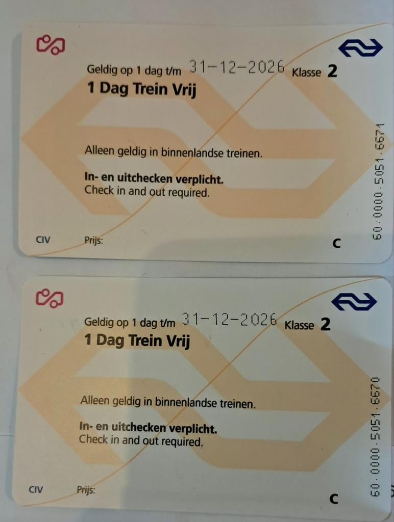 2 Dagkaarten (2e klasse) N.S. Geldig t/m 31-12-2026, Tickets en Kaartjes, Twee personen, Trein, Nederland, Algemeen kaartje