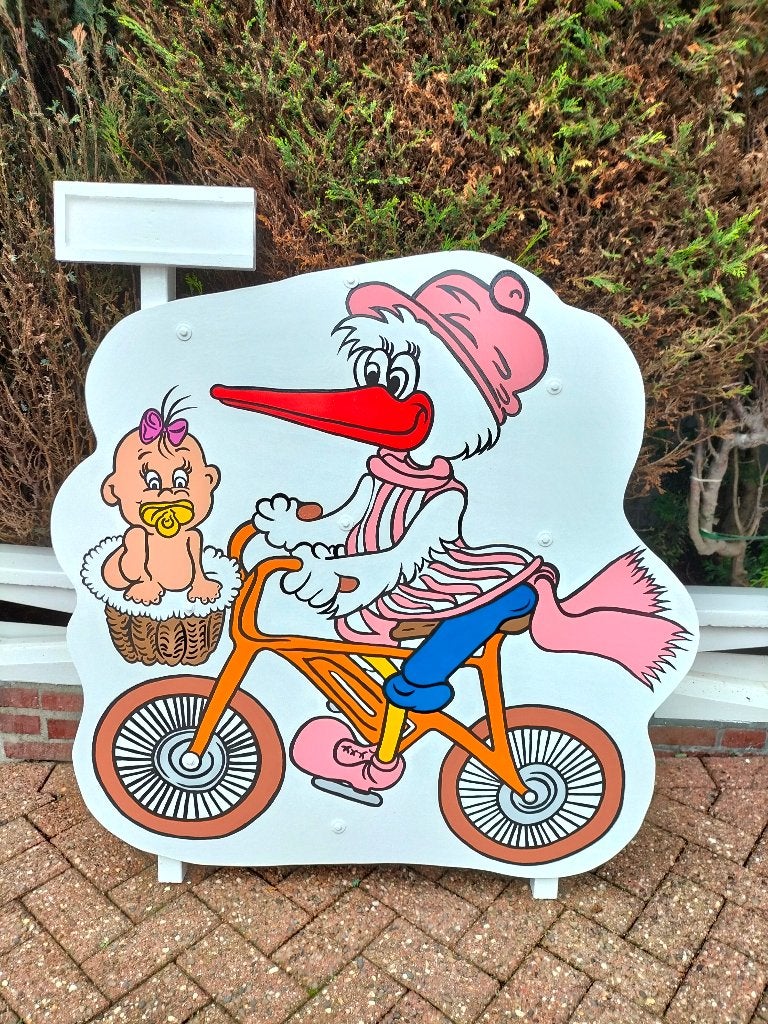 Geboortebord uniek, sportieve ooievaar met baby, goedkoopste, Ophalen, Nieuw, Geboortebord