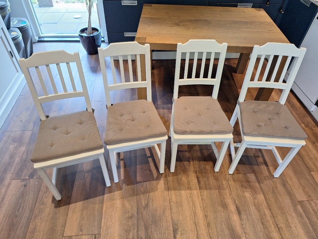 4 houten eetkamerstoelen incl. stoelkussens - IKEA, Huis en Inrichting, Stoelen, Ophalen, Gebruikt, Wit, Vier