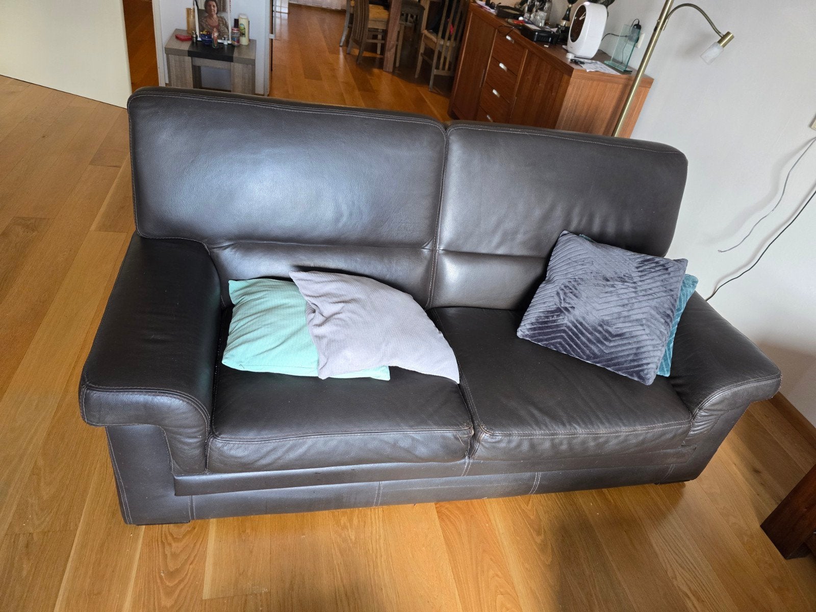 Comfortabel 2-zits bankstel van leer, Ophalen, Gebruikt, 150 tot 200 cm, Tweepersoons