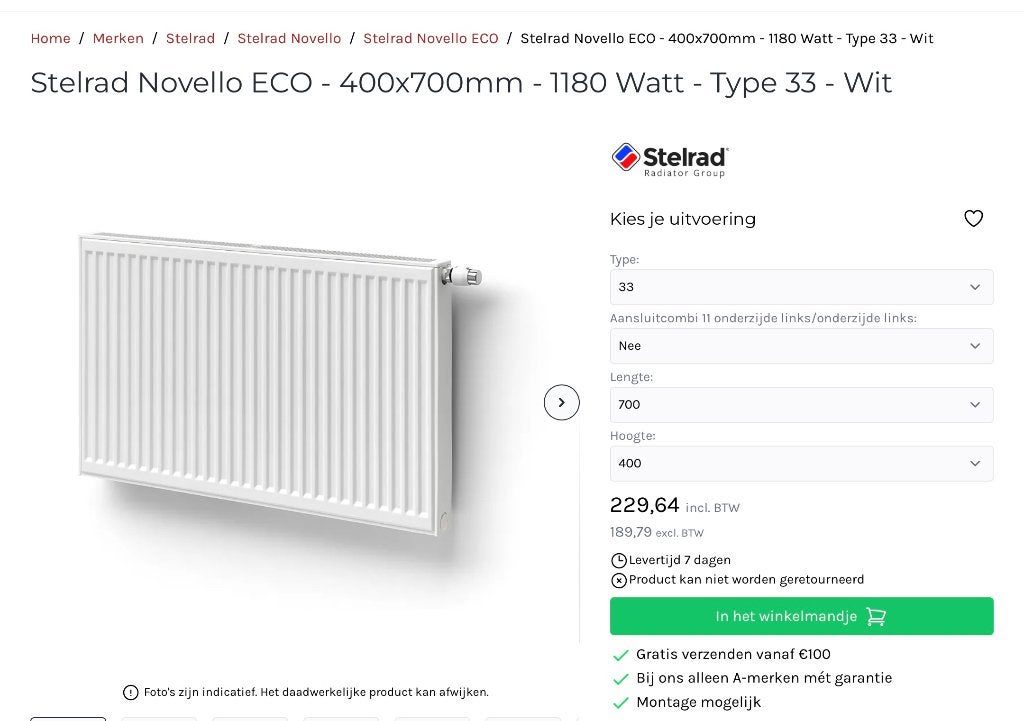 Radiator Stelrad Novello ECO - 400x700mm 33 - Wit, Doe-het-zelf en Verbouw, Ophalen, 30 tot 80 cm, Radiator, Nieuw