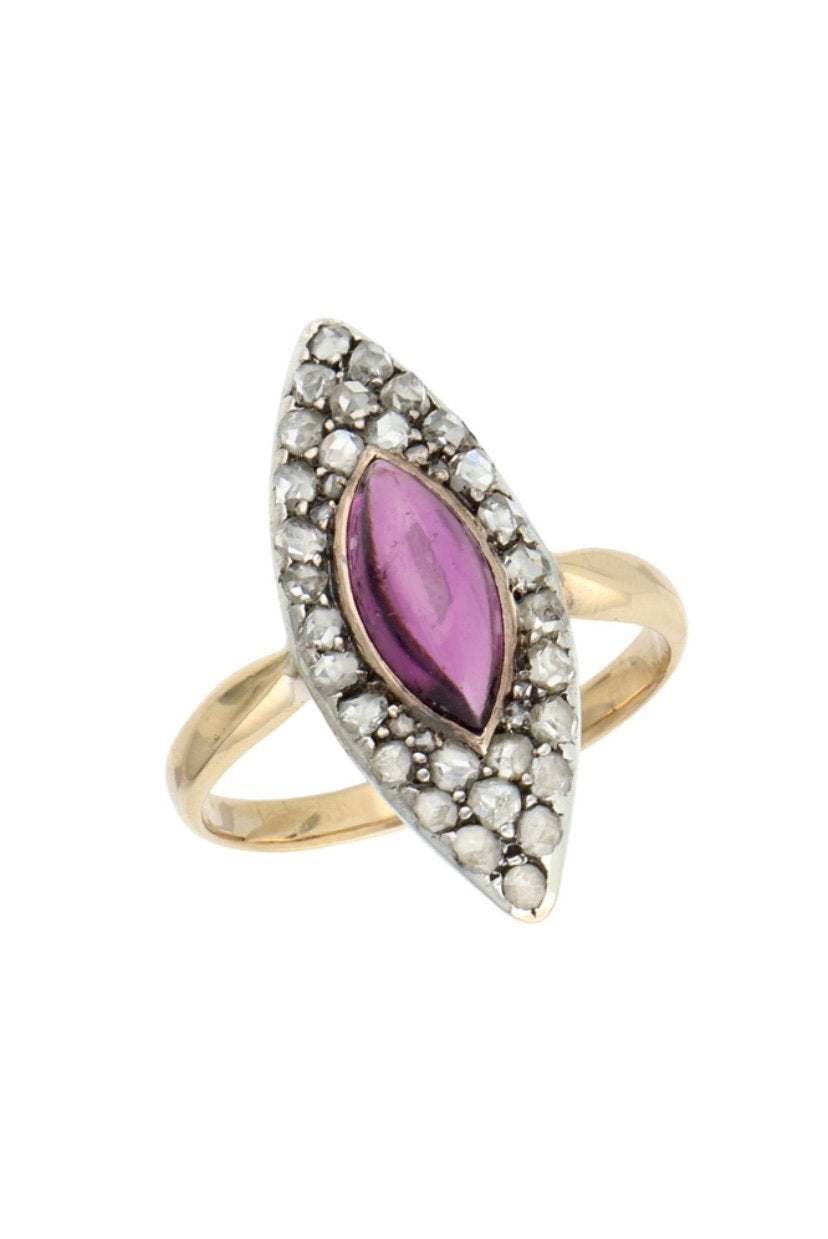 14 Kt gouden ring met granaat en roosdiamanten uit ca.1900., Sieraden, Tassen en Uiterlijk, Antieke sieraden, Ophalen of Verzenden