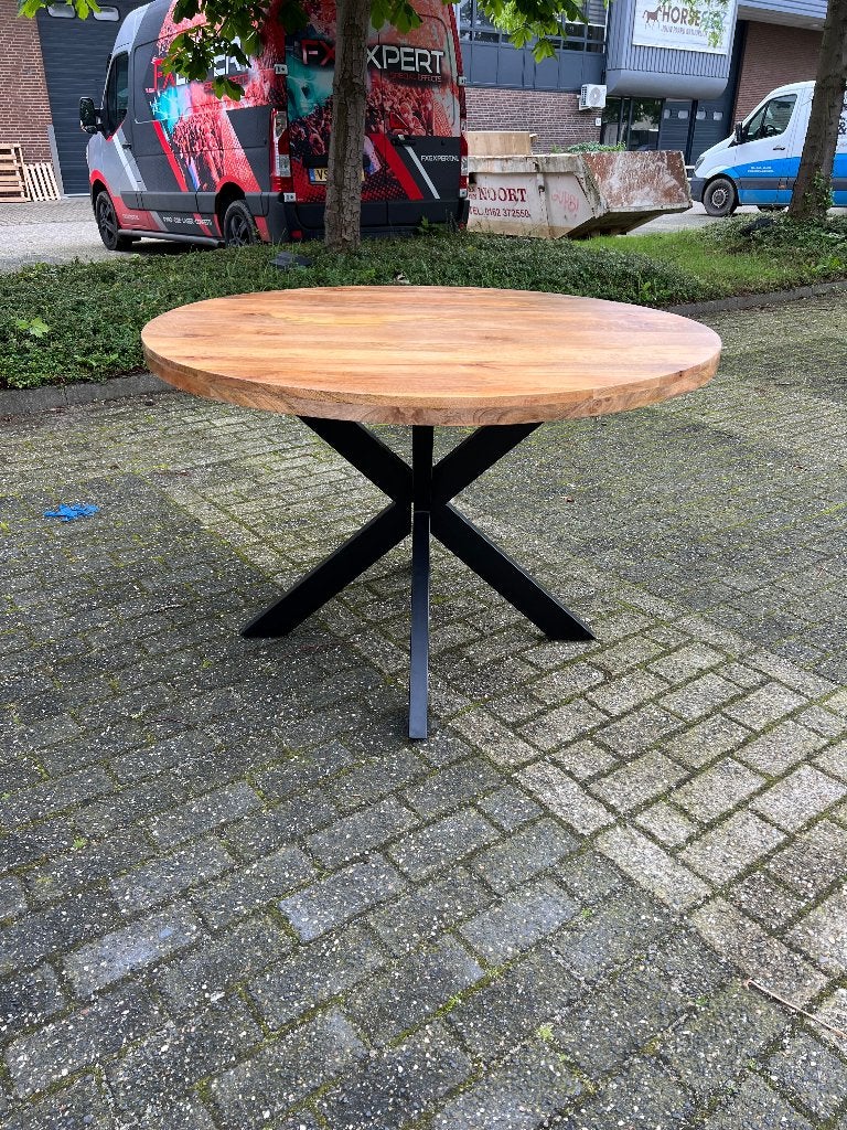 Ronde eettafel 120cm mango incl. spinpoot, Ophalen, Rond, Nieuw, Vier personen