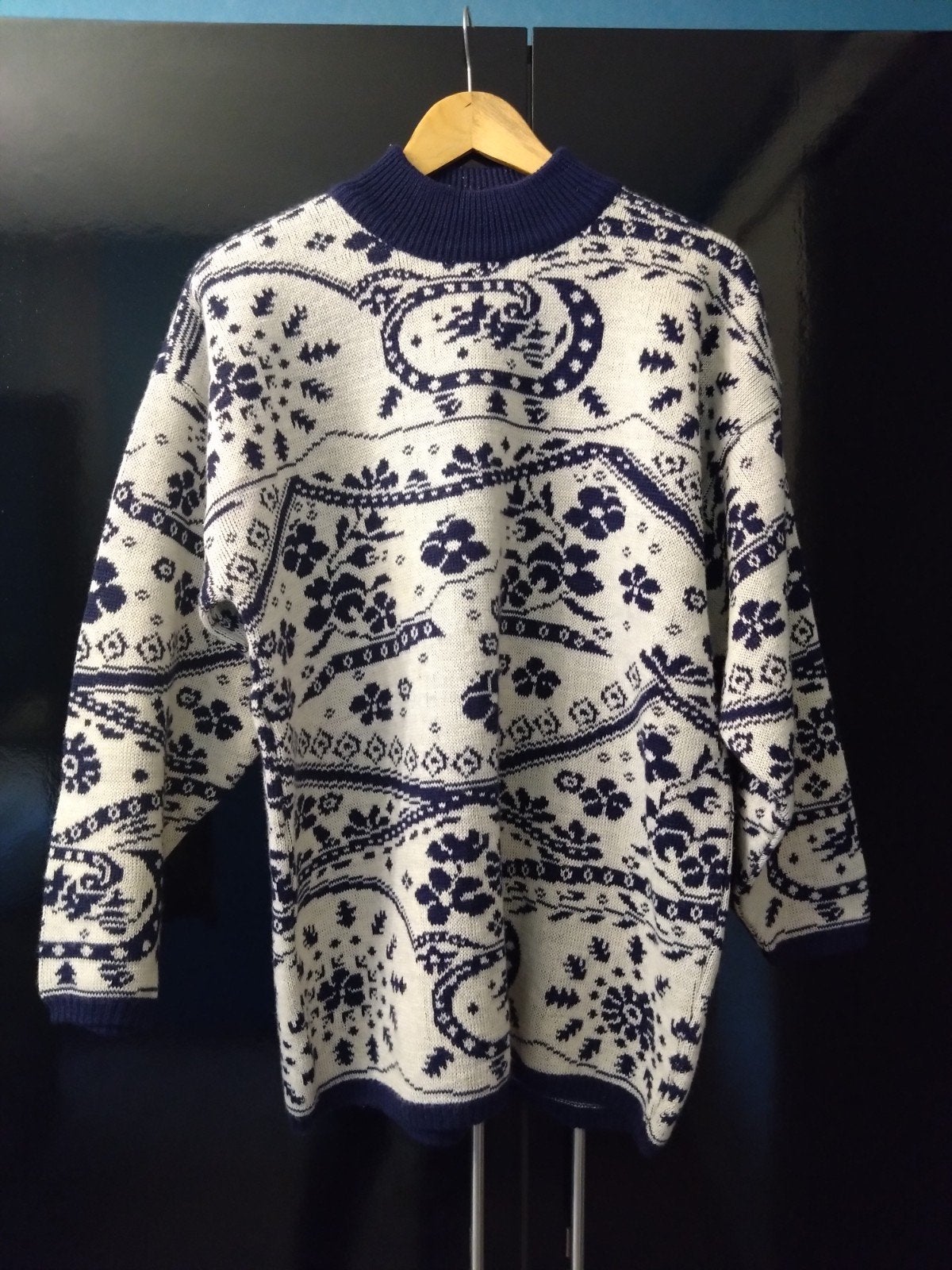 Vintage gebreide trui met patroon, Kleding | Dames, Truien en Vesten, Ophalen of Verzenden, Zo goed als nieuw, Blauw