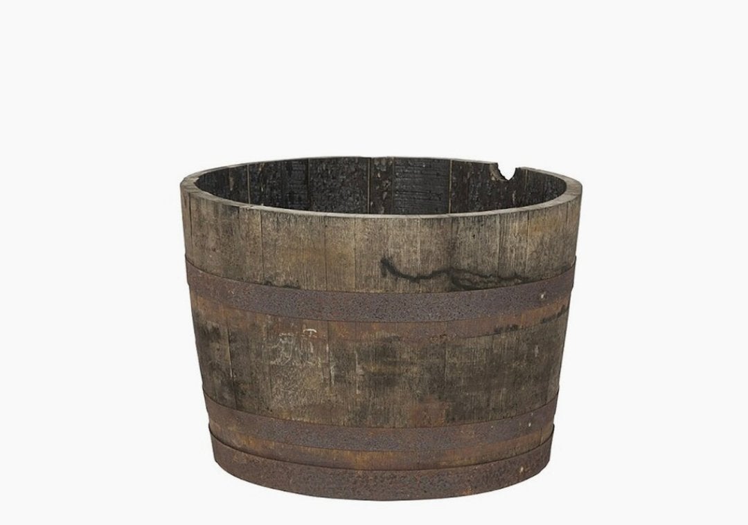 Bloembak half wijnvat whiskyvat vijver palmboom vijgenboom, Tuin en Terras, Bloembakken en Plantenbakken, Gerard Krale, Rond, Nieuw