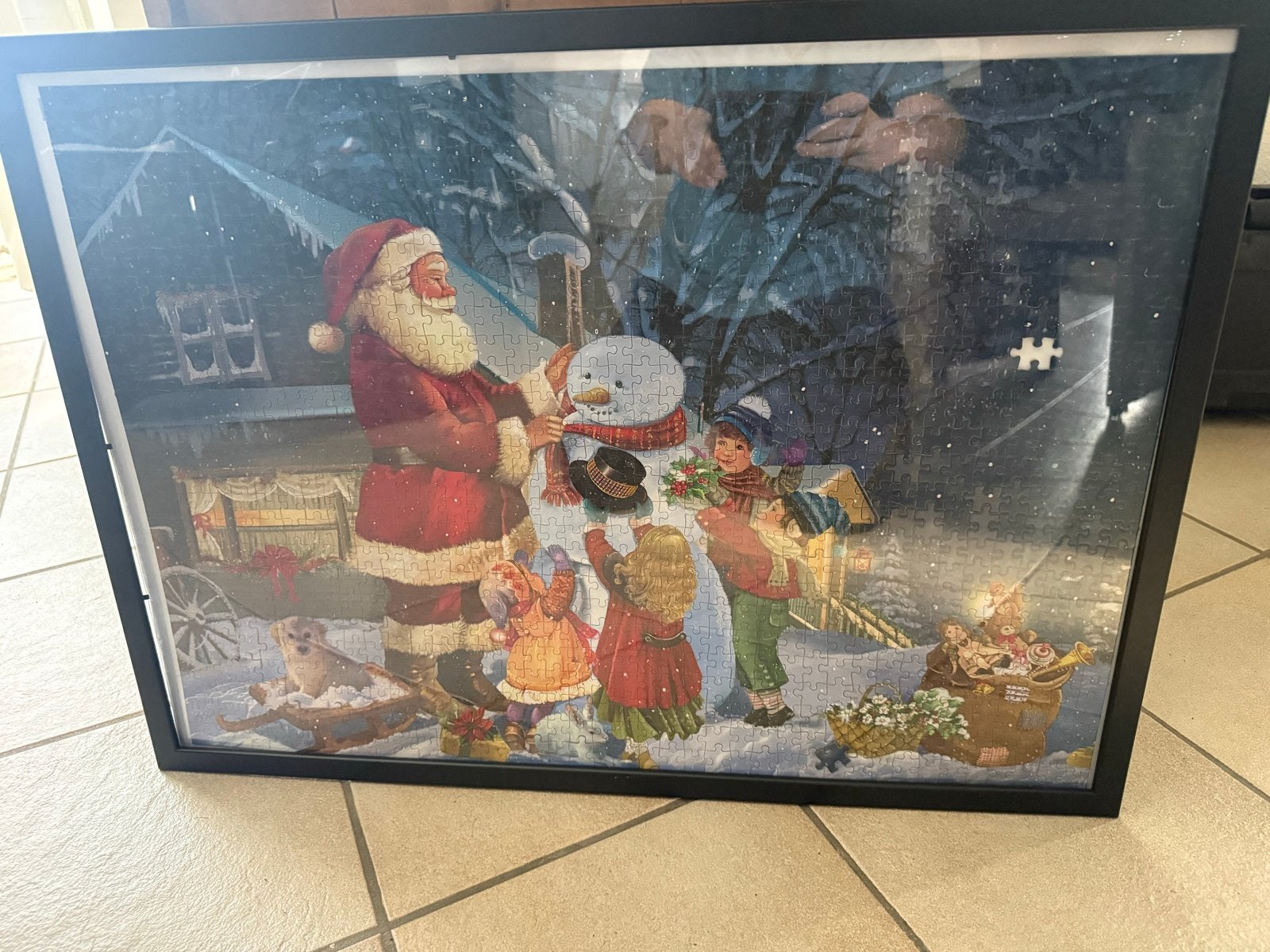 Kerstpuzzel met de Kerstman en kinderen, ingelijst, Ophalen, 500 t/m 1500 stukjes, Gebruikt, Legpuzzel