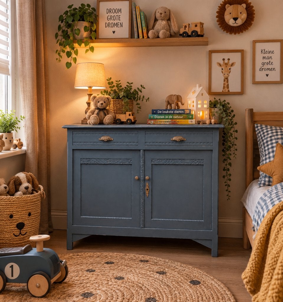Sfeervolle brocante authentieke commode Midnight Ocean 1935, Kinderen en Baby's, Ophalen, Voetruimte, Minder dan 50 cm, 100 cm of meer