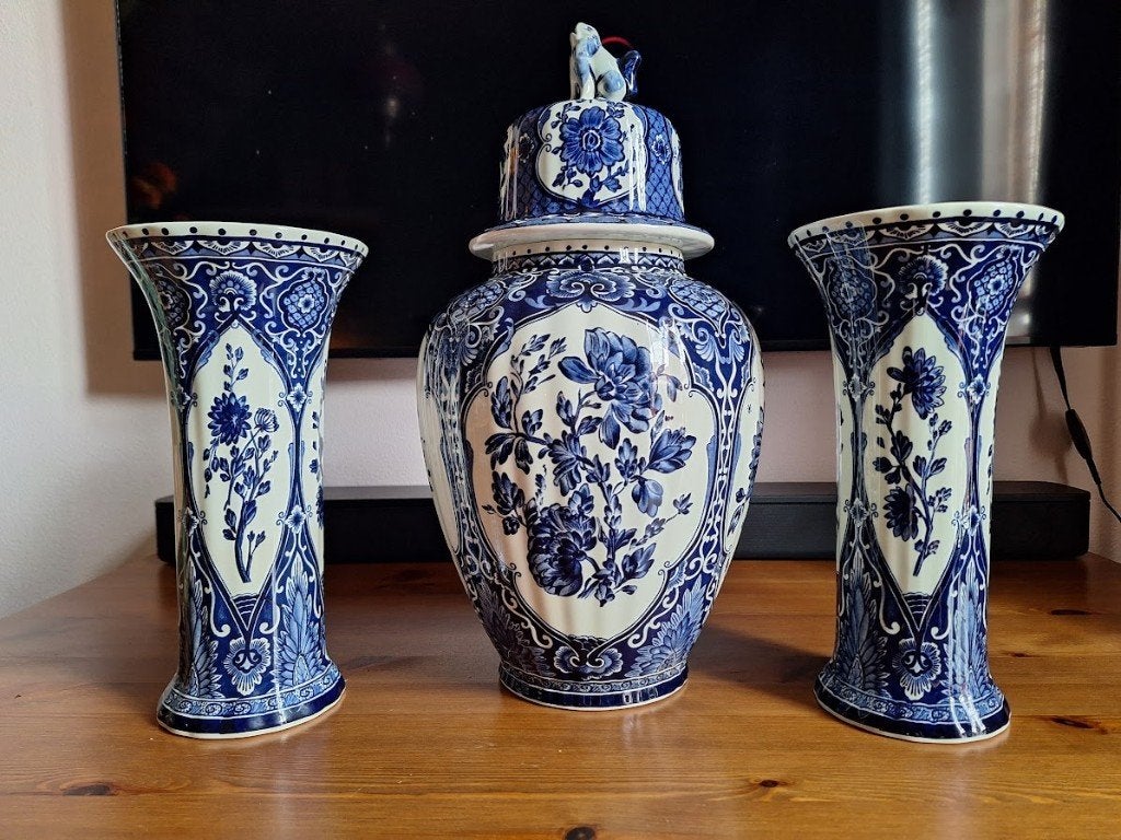 3-delig Delfts Blauw Kaststel Boch / Royal Sphinx (Foo Dog), Ophalen