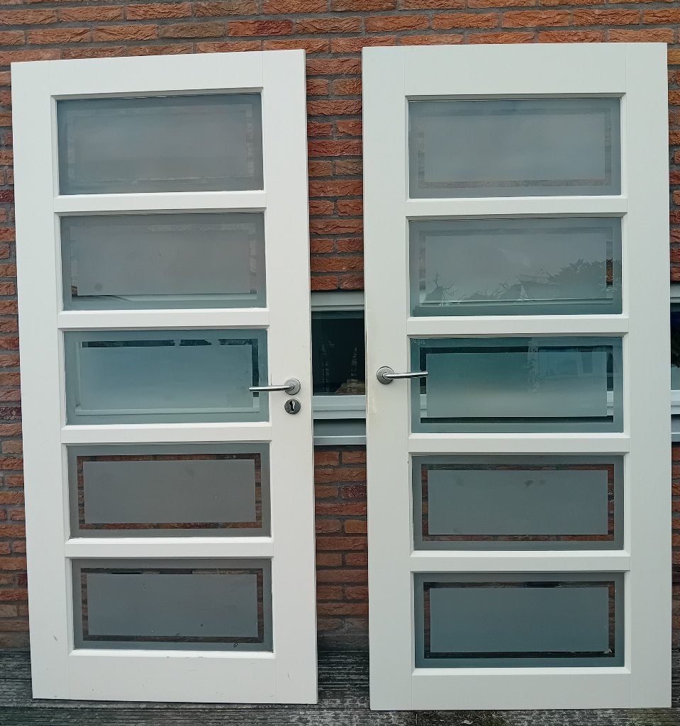 Twee gebruikte houten binnendeuren met glas, Ophalen, Gebruikt, 80 tot 100 cm, Binnendeur