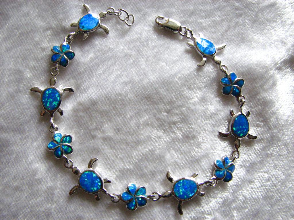 Mooie Zilveren Armband met Blauwe Opalen - Schildpad - Bloem, Verzenden, Zilver, Armband, Met edelsteen