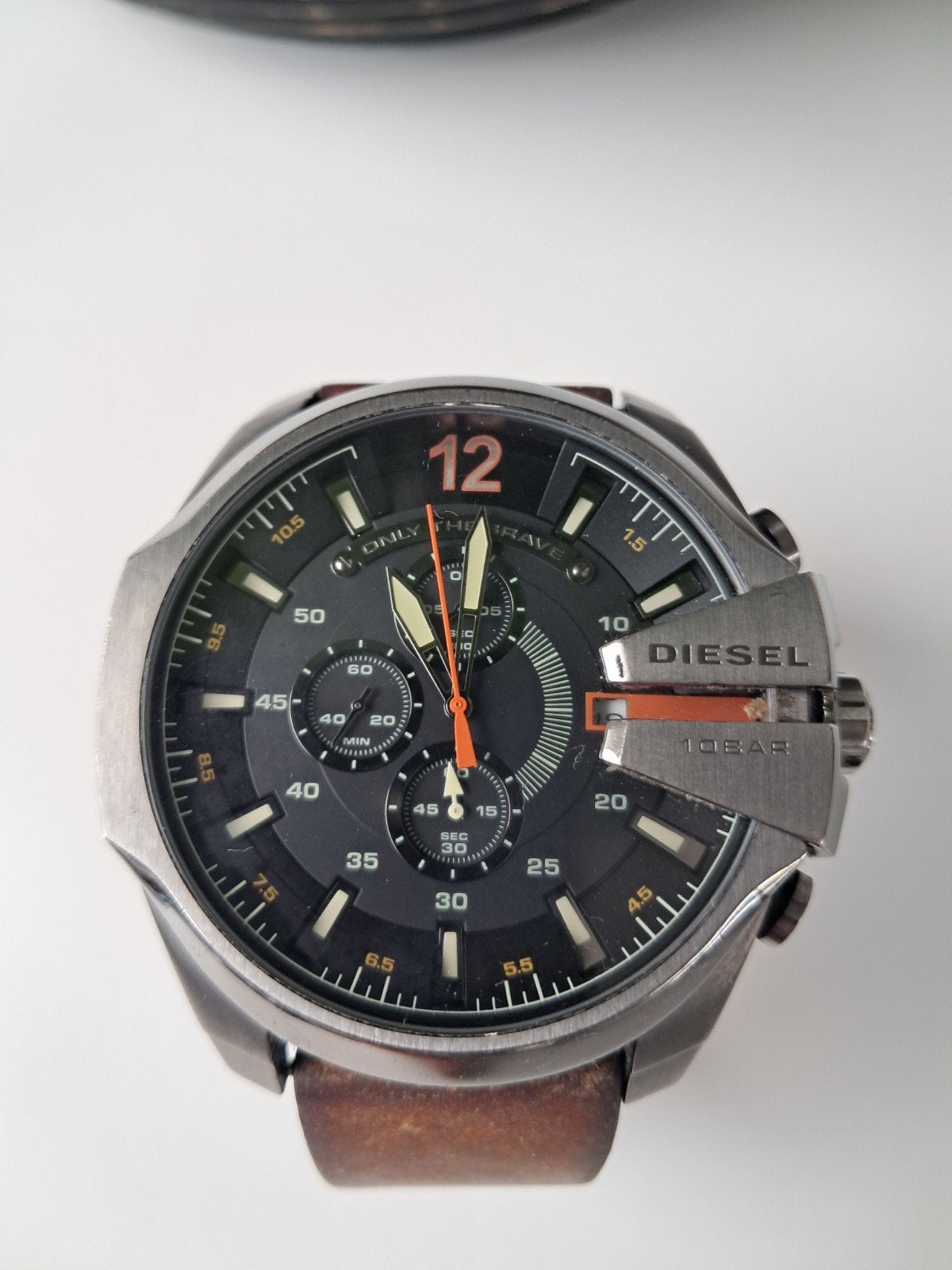 Diesel Mega Chief horloge met bruine leren band, Overige merken, Staal, Polshorloge, Ophalen of Verzenden