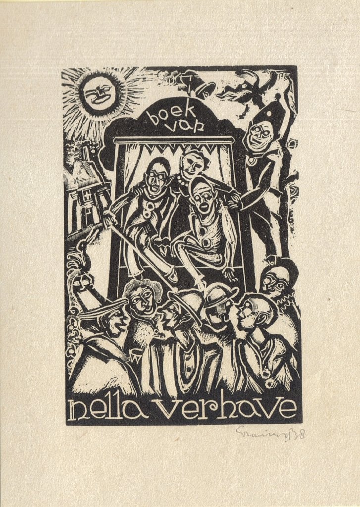 Cor de Wolff houtsnede "Ex Libris Nella Verhave", 2 stuks, Ophalen, 4 cm, Mythologie, 5 cm