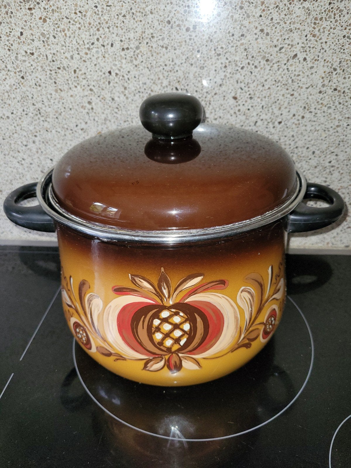 Grote vintage pan Bloemen soeppan emaille retro jr 70, Gebruikt, Met deksel, Ophalen of Verzenden, Kookpan