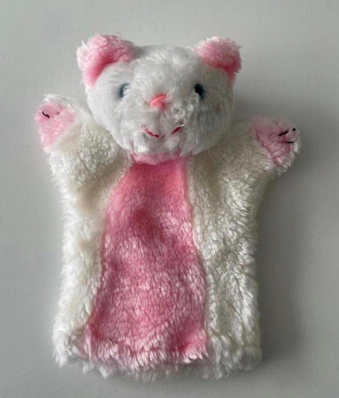 Super Zachte Roze/Witte Kat Handpop met Snorharen, Ophalen of Verzenden, Zo goed als nieuw
