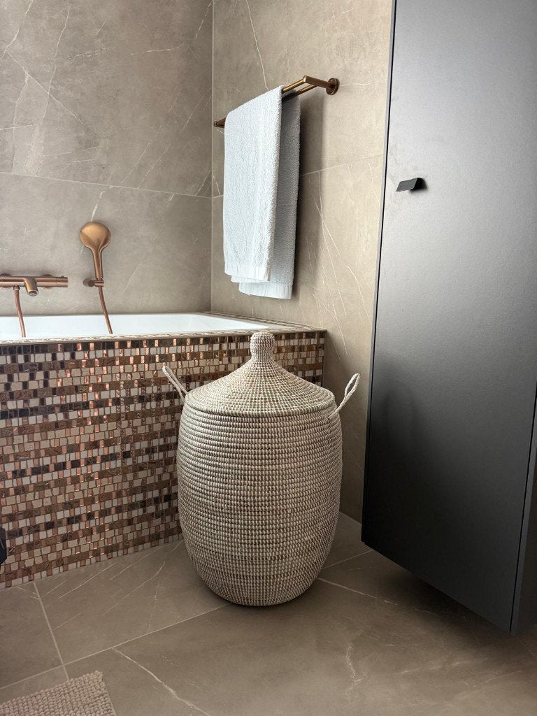 Afrikaanse witte wasmand opbergmand uit Senegal 70-75 cm, Mand, Nieuw, Ophalen of Verzenden, Handgemaakt