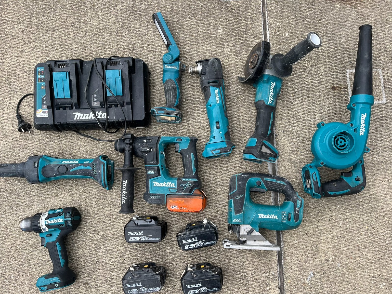 Makita 18v set met 5 accus 5 ah en doubellader, Ophalen of Verzenden, Gebruikt