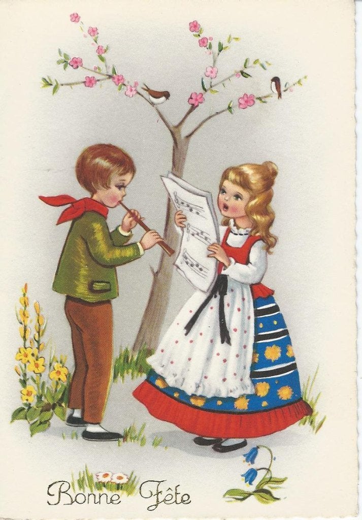 Meisje zingt en jongen speelt fluit, Ophalen of Verzenden, 1940 tot 1960, Ongelopen, Kinderen