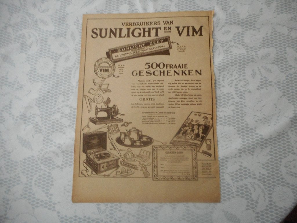 Adv. Sunlight en Vim.  Levers Zeepmaatschappij. 1923/1924., Verzamelen, Ophalen of Verzenden, Gebruikt, Overige typen
