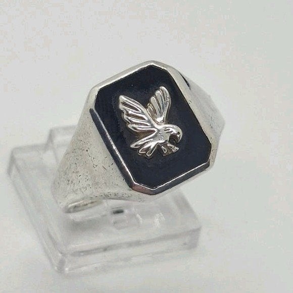 Massief Zilveren Heren Zegelring met Zwarte Onyx en Adelaar, Sieraden, Tassen en Uiterlijk, 20 of groter, Heer, Ophalen of Verzenden