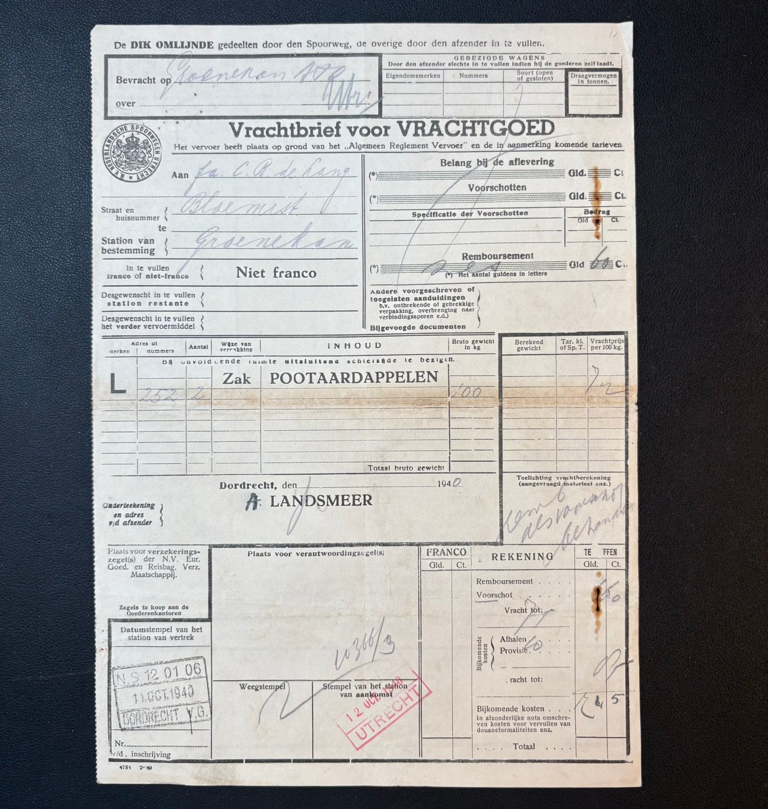 Vrachtbrief aardappelen van Dordrecht naar Groenekan (1940), Ophalen of Verzenden, Gebruikt, Trein