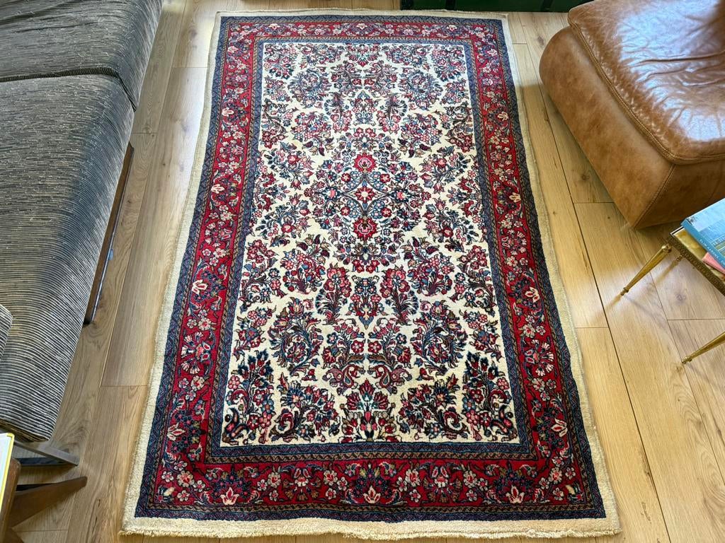 Handgeknoopt vintage perzisch tapijt 218  x131 ivoor rood, Klassiek, bohemian stijl,  mid-century, warm minimalisme, 100 tot 150 cm