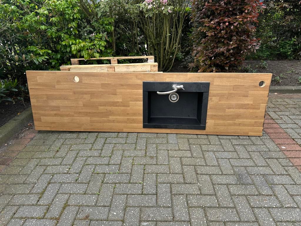 Keukenblad met wasbak en kraan - Houtlook, Ophalen, Gebruikt, Vrijstaand, Geen