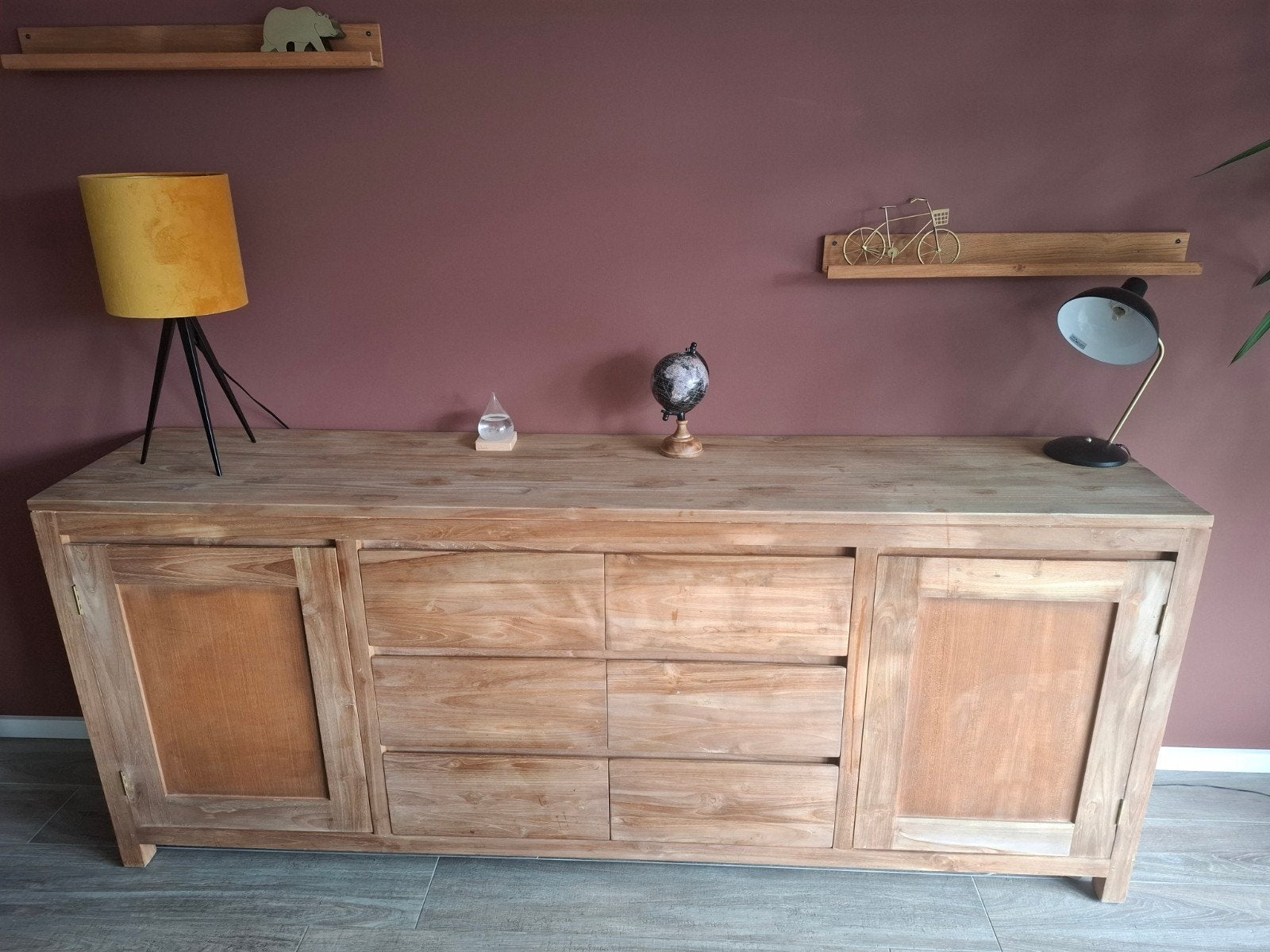 Teak houten dressoir - 220x45,5x90 cm, Ophalen, Gebruikt, Met lade(s), Teakhout