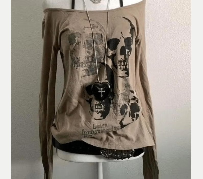 Vintage longsleeve shirt met skulls afbeelding - Donkerbruin, Ophalen of Verzenden, Nieuw, Maat 56/58 (XL), Bruin