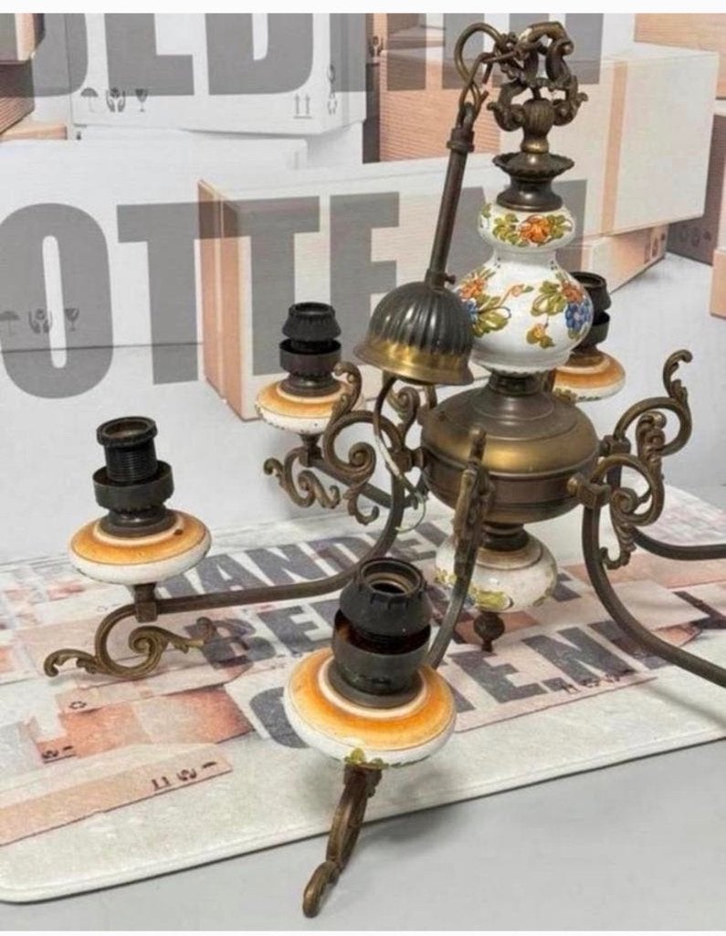 Antiek vintage Kroonluchter koper messing porselein brocante, Ophalen of Verzenden