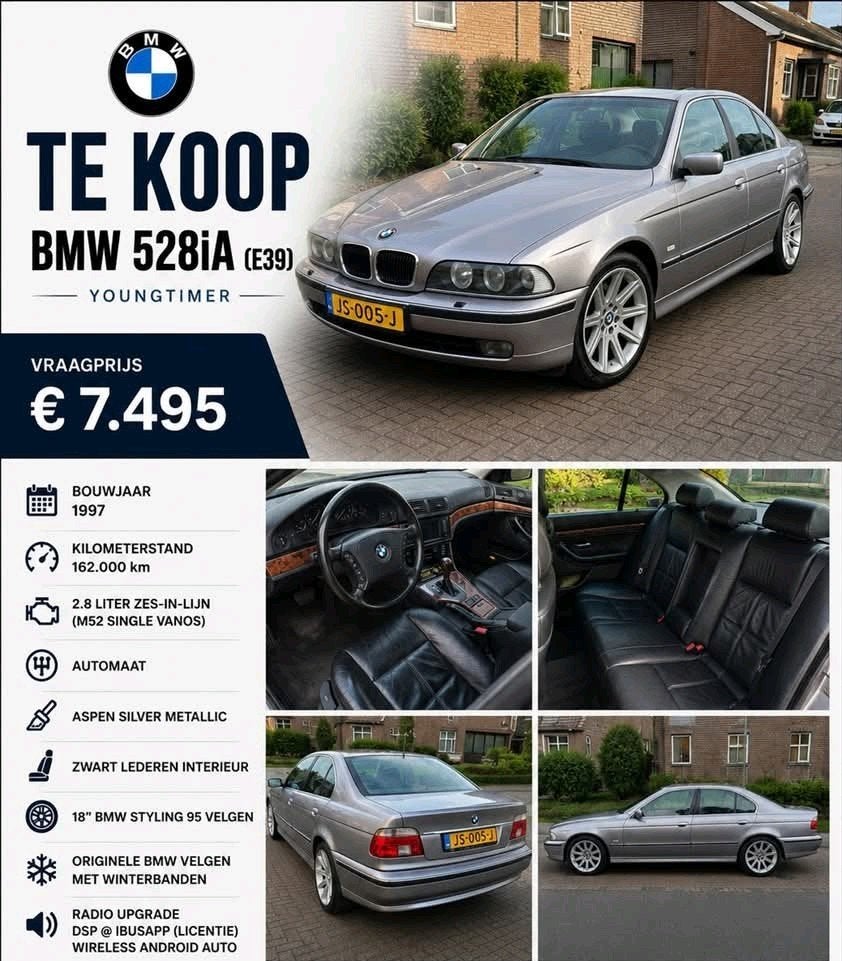 BMW 5-Serie 2.8 I 528 AUT 1997 Grijs, Automaat, Achterwielaandrijving, Zwart, 2000 kg