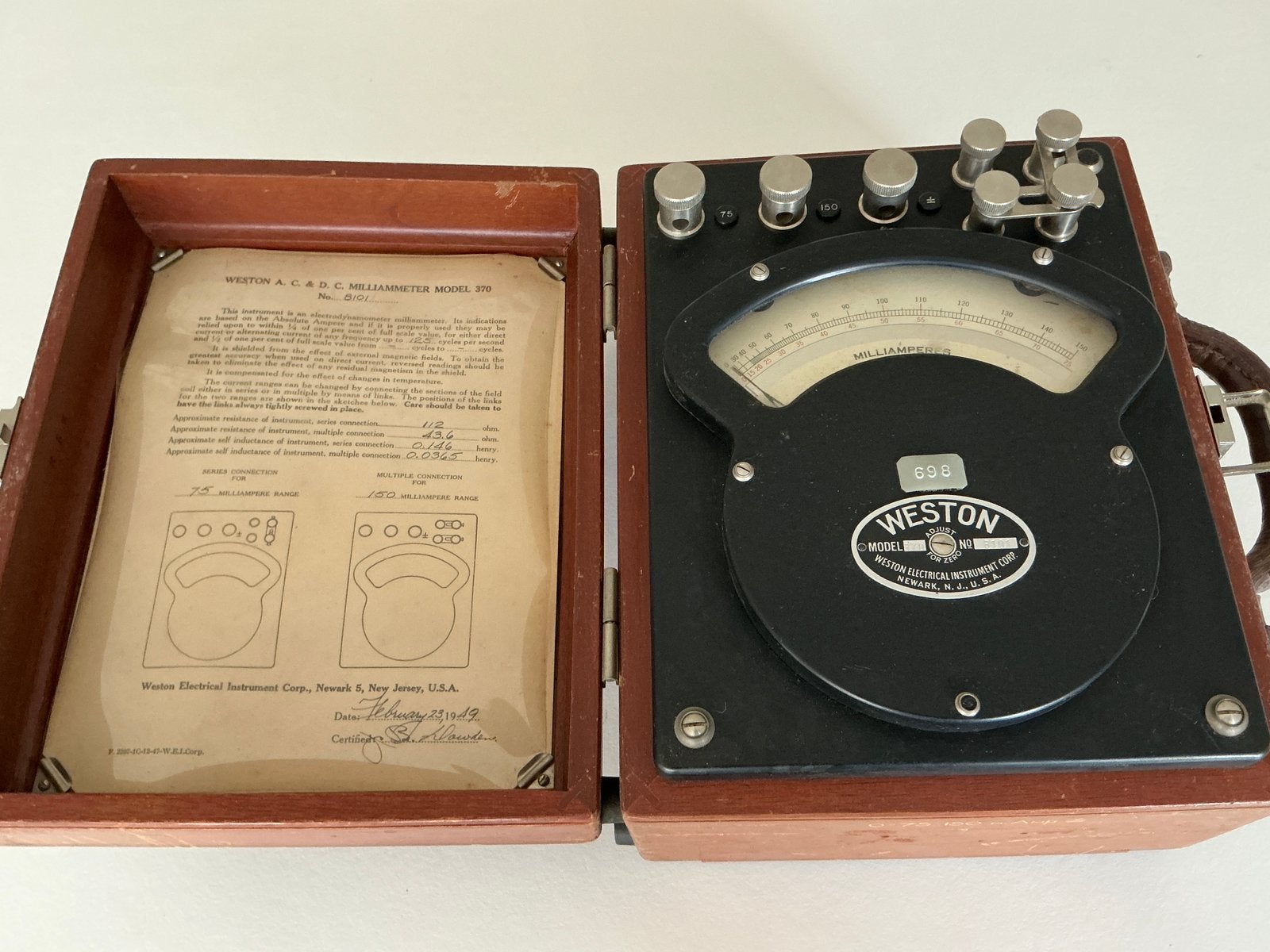 Weston inst corp. Milliammeter 0-75-150m-Amp (1949), Weston, Ophalen of Verzenden, Zo goed als nieuw, NA