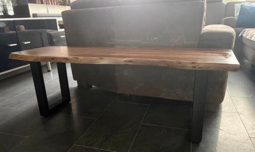 Uniek Acaciahouten Bankje met Stalen Poten -Stijl, Ophalen, 100 tot 150 cm, 50 tot 100 cm, Zo goed als nieuw