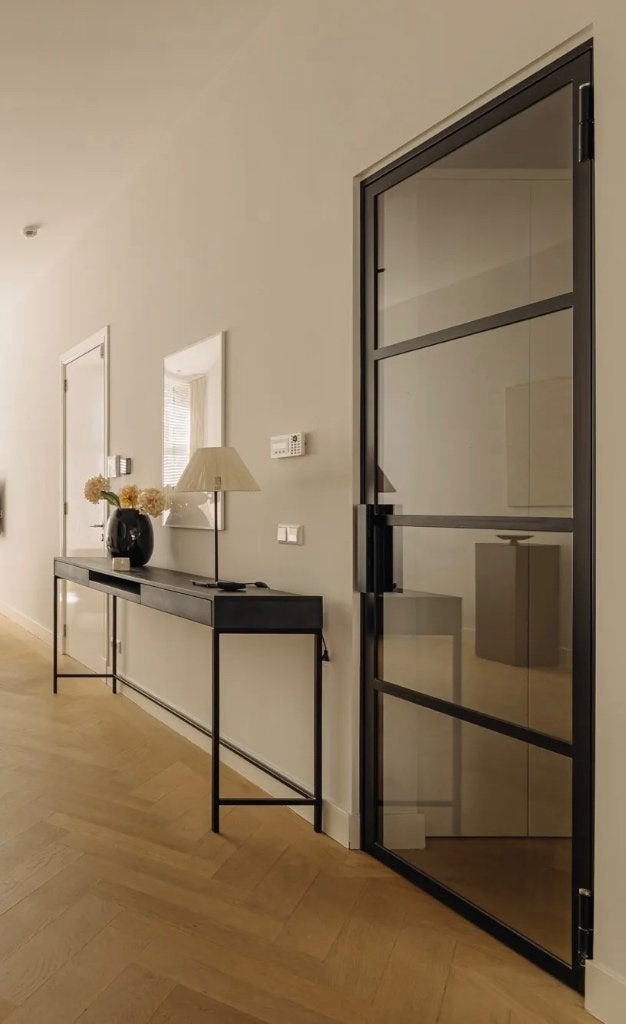 Gedemonteerde stalen kozijn + binnendeur met glas, Ophalen, Gebruikt, 80 tot 100 cm, 215 cm of meer