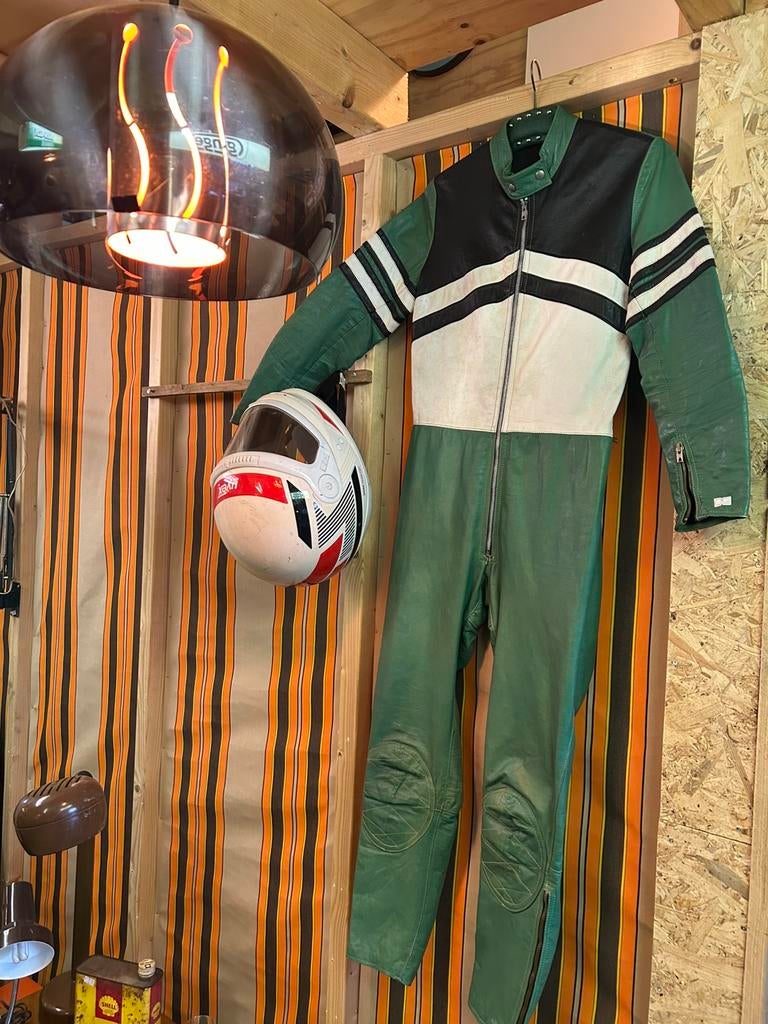 Vintage zwart groene jaren 70 motor pak, leer, S/M, ?, Overall, ?, ?