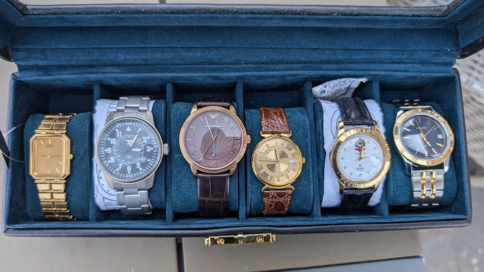 6 horloges in mooie opbergbox, Ophalen of Verzenden, Gebruikt, Staal, Overige merken
