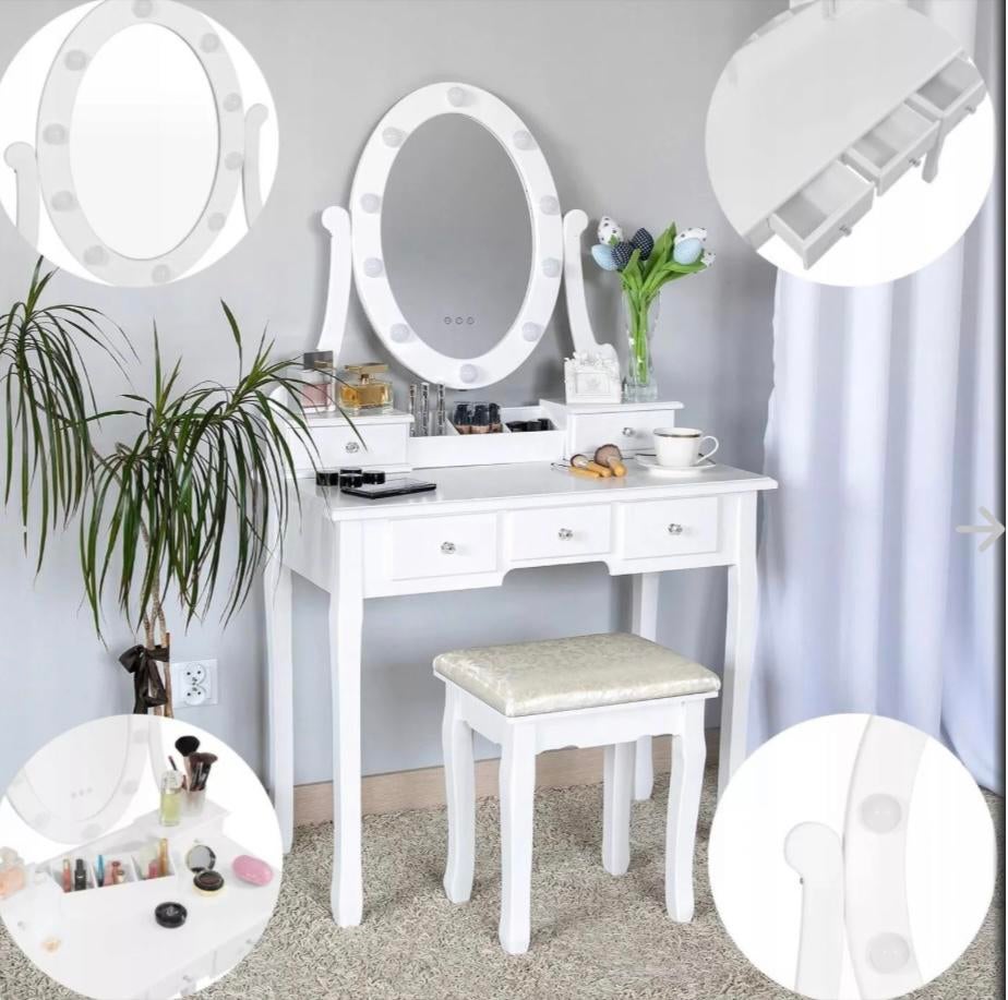 Witte make-up tafel met spiegel en krukje voor meisjes, Huis en Inrichting, Tafels | Kaptafels, 100 tot 150 cm, Zo goed als nieuw