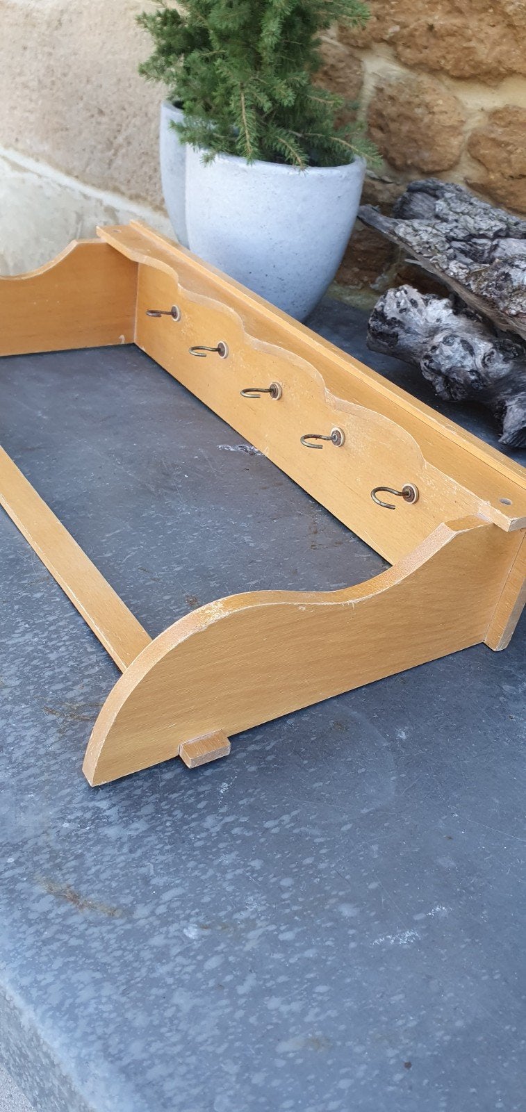 Franse vintage houten pannenrek regaal keukenplank haakjes, Ophalen of Verzenden