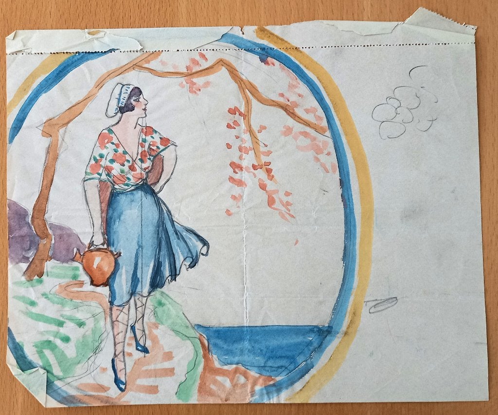 A493-69 Oude tekening Vrouw met kruik potlood en waterverf, Ophalen of Verzenden