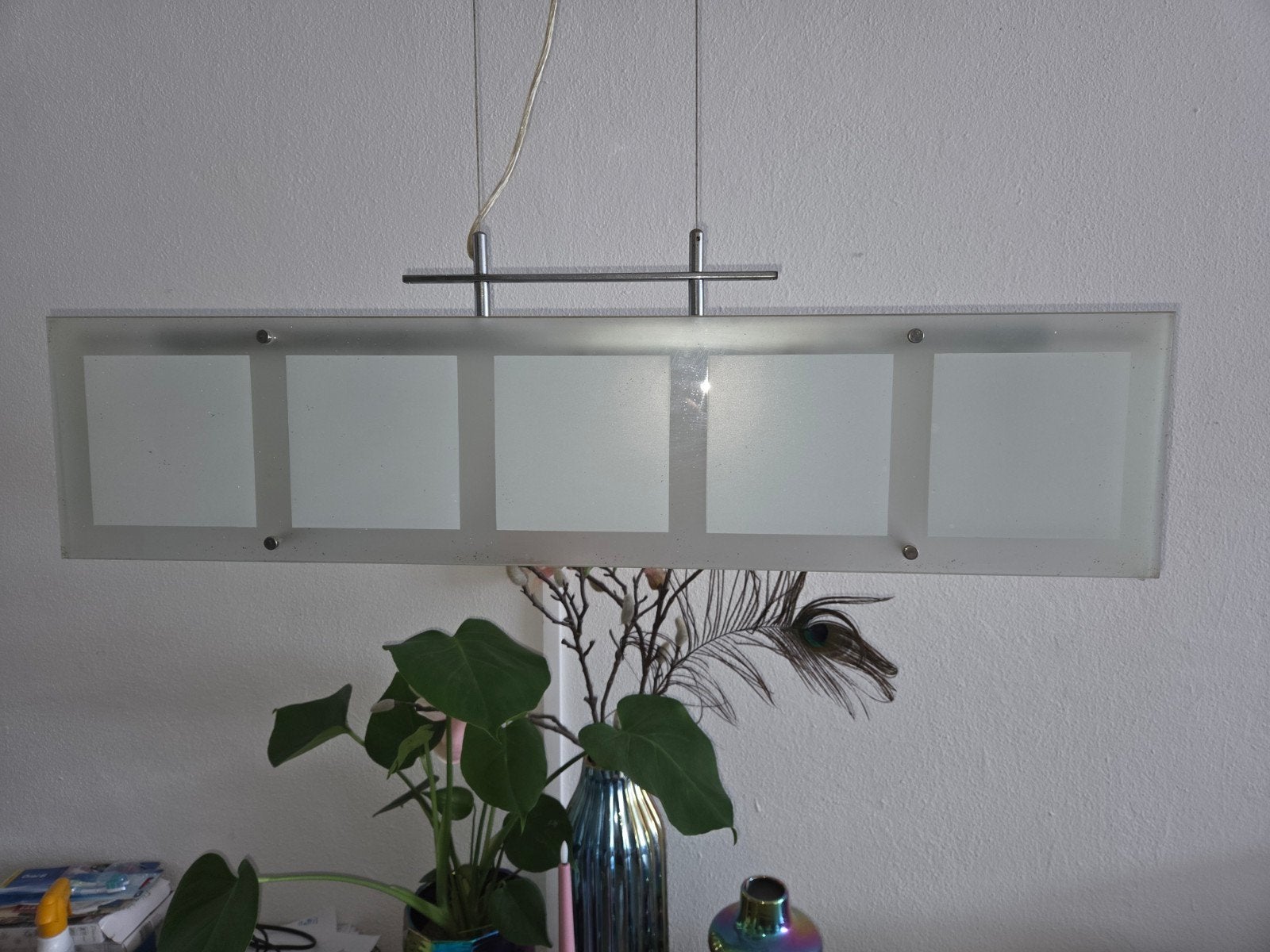 Moderne hanglamp met glazen panelen, Huis en Inrichting, Lampen | Hanglampen, Ophalen, Gebruikt, E14 (klein), Glas