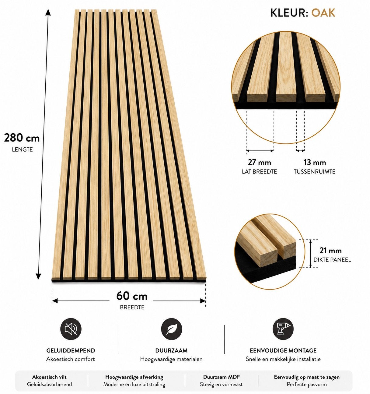 Akoestische wandpanelen 2800 x 60 cm - 27x13 mm - OAK, Ophalen of Verzenden, Nieuw, Overige materialen, 20 tot 50 mm