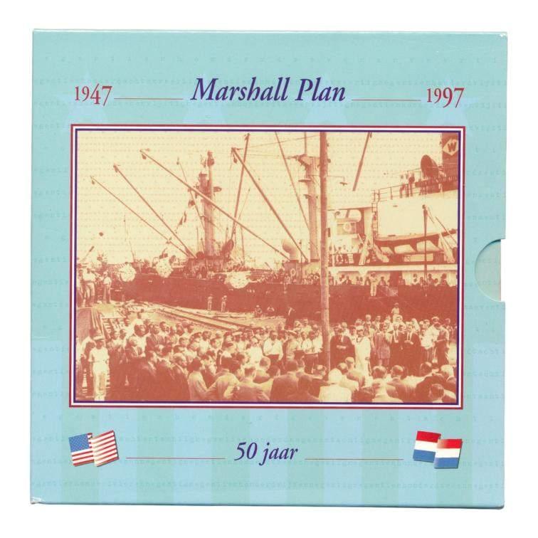 Nederland 10 gulden 1997 Marshall Plan FDC in blister, Postzegels en Munten, Munten | Nederland, Setje, Koningin Beatrix, Zilver