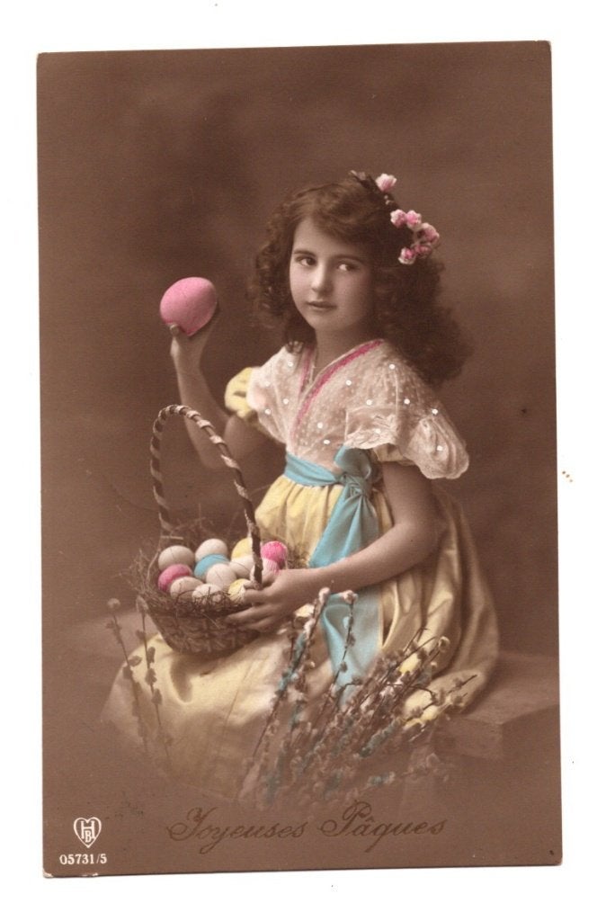 Oude Ansichtkaart Joyeuses Paques Meisje Paaseieren 1914, Ophalen of Verzenden, Voor 1920, Gelopen, Feest(dag)