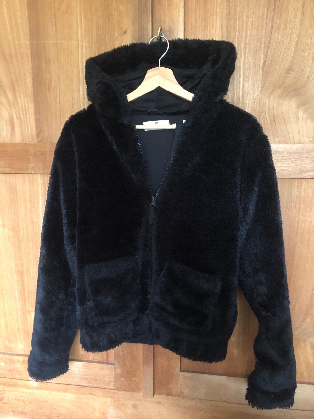 Zwart H&M teddy jasje met capuchon, Kleding | Dames, Ophalen of Verzenden, Zo goed als nieuw, Maat 38/40 (M), Zwart